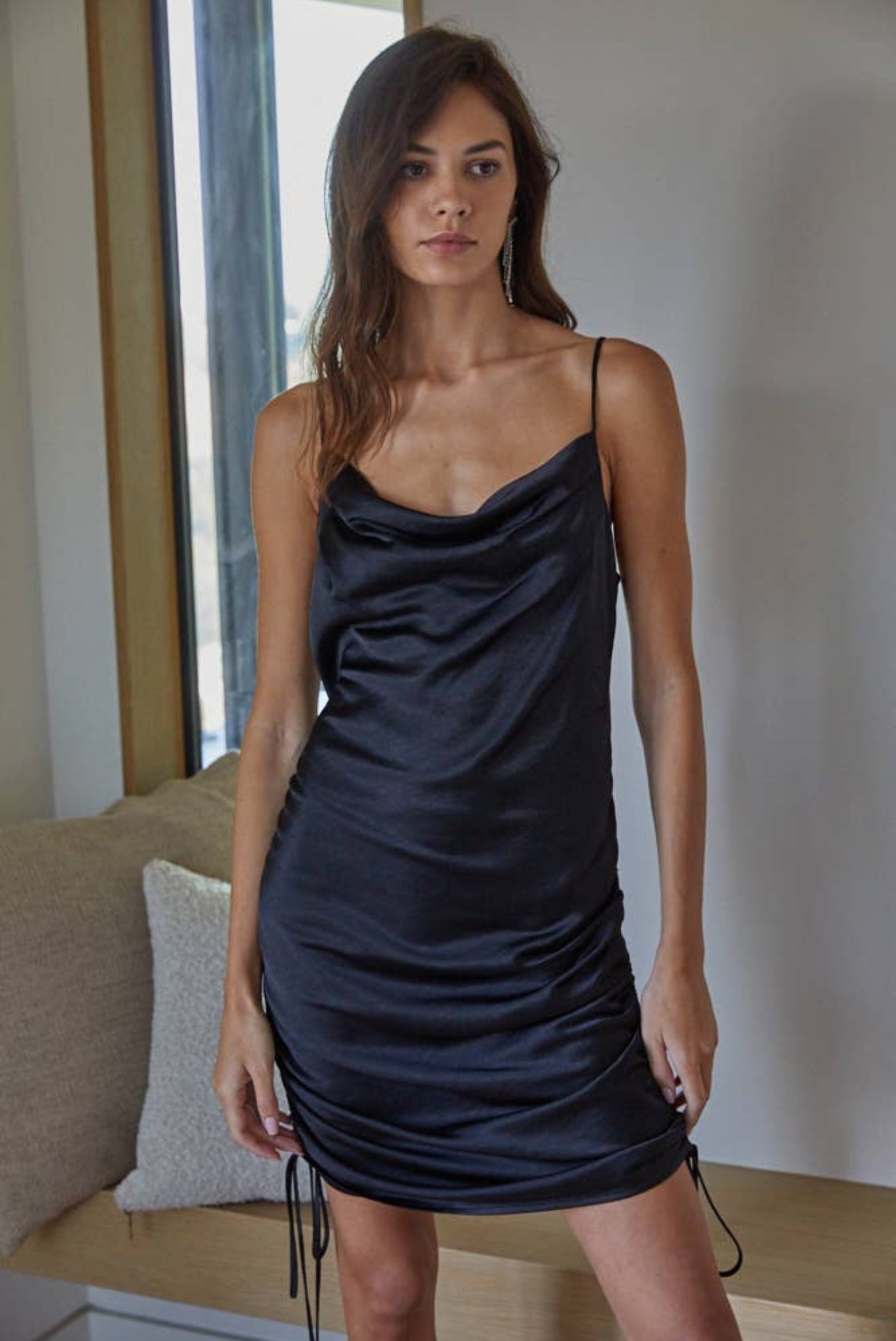 Black Satin Drawstring Dress